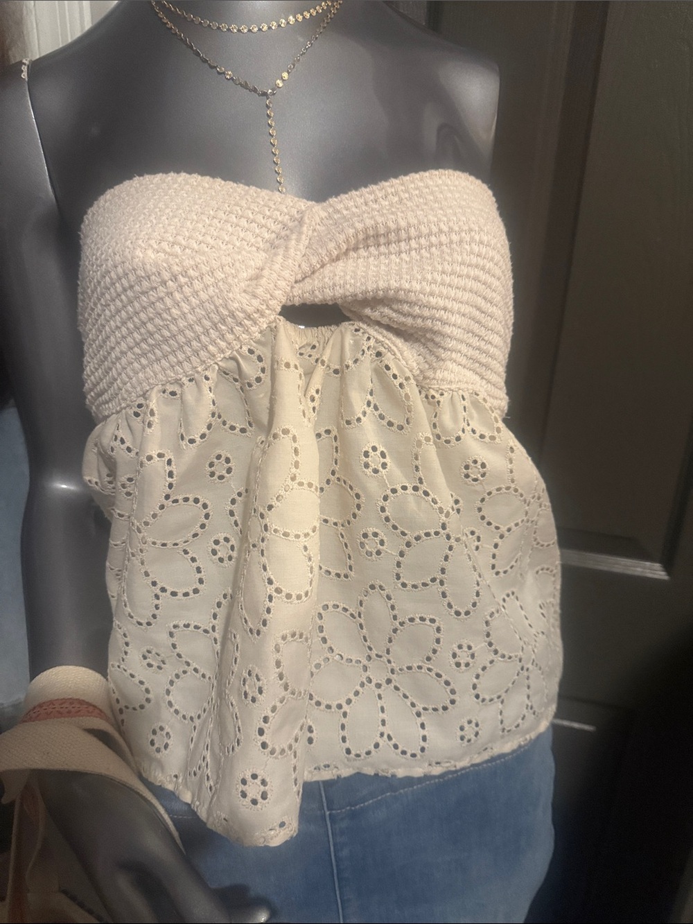 Strapless Cream Eyelet Knit Twist Babydoll Top